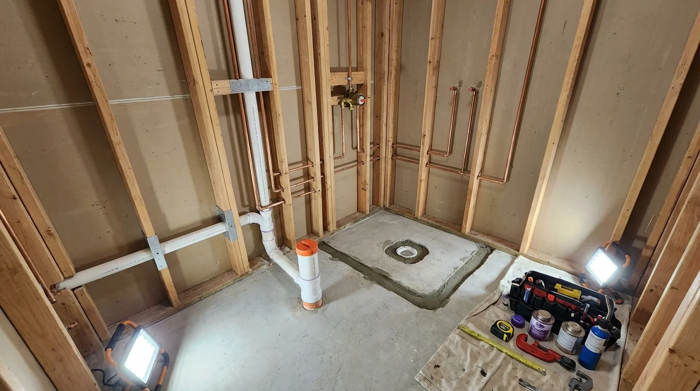 Bathroom rough-in plumbing during remodel by Johns Plumbing LLC in Monrovia