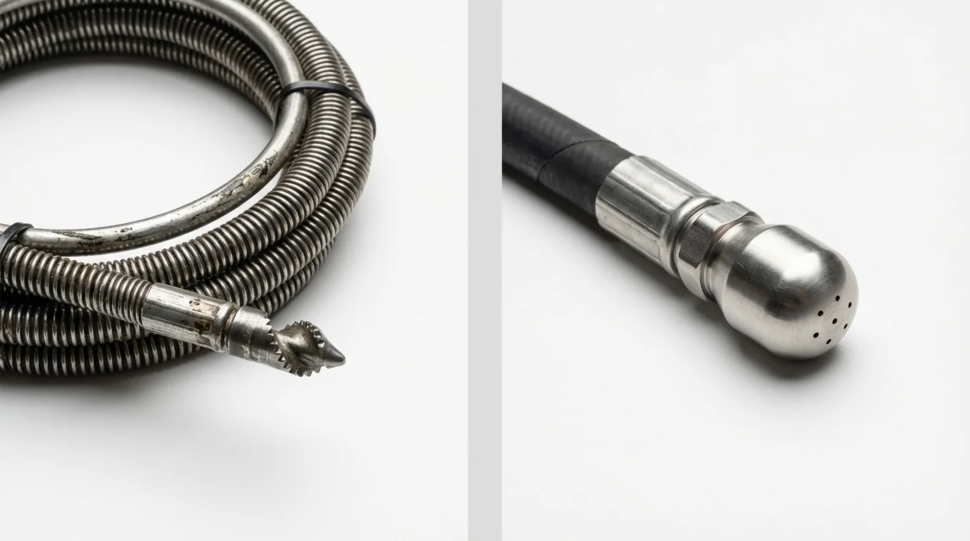 Drain snake cable and hydro jetting nozzle used for drain cleaning in Monrovia, IN