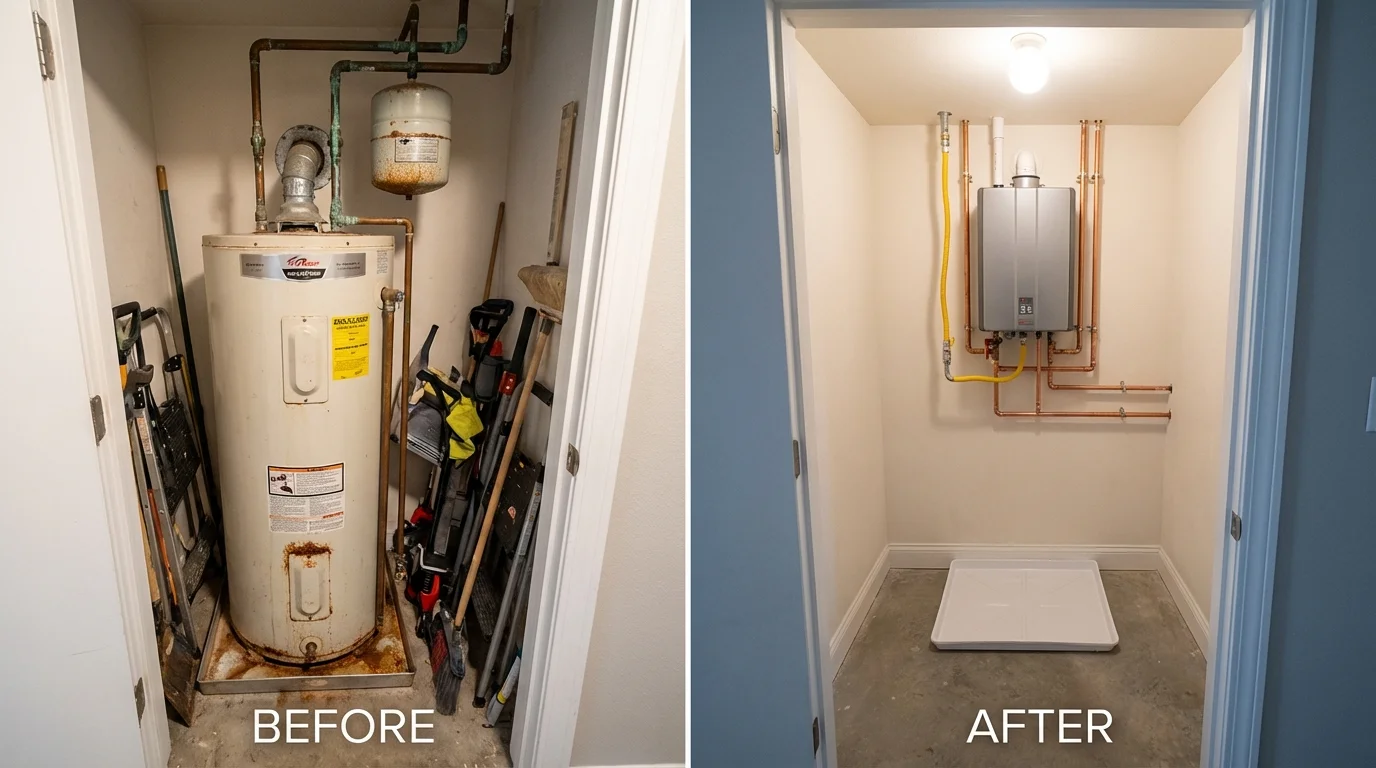 Tank water heater versus wall-mounted tankless unit comparison for Monrovia, IN homeowners