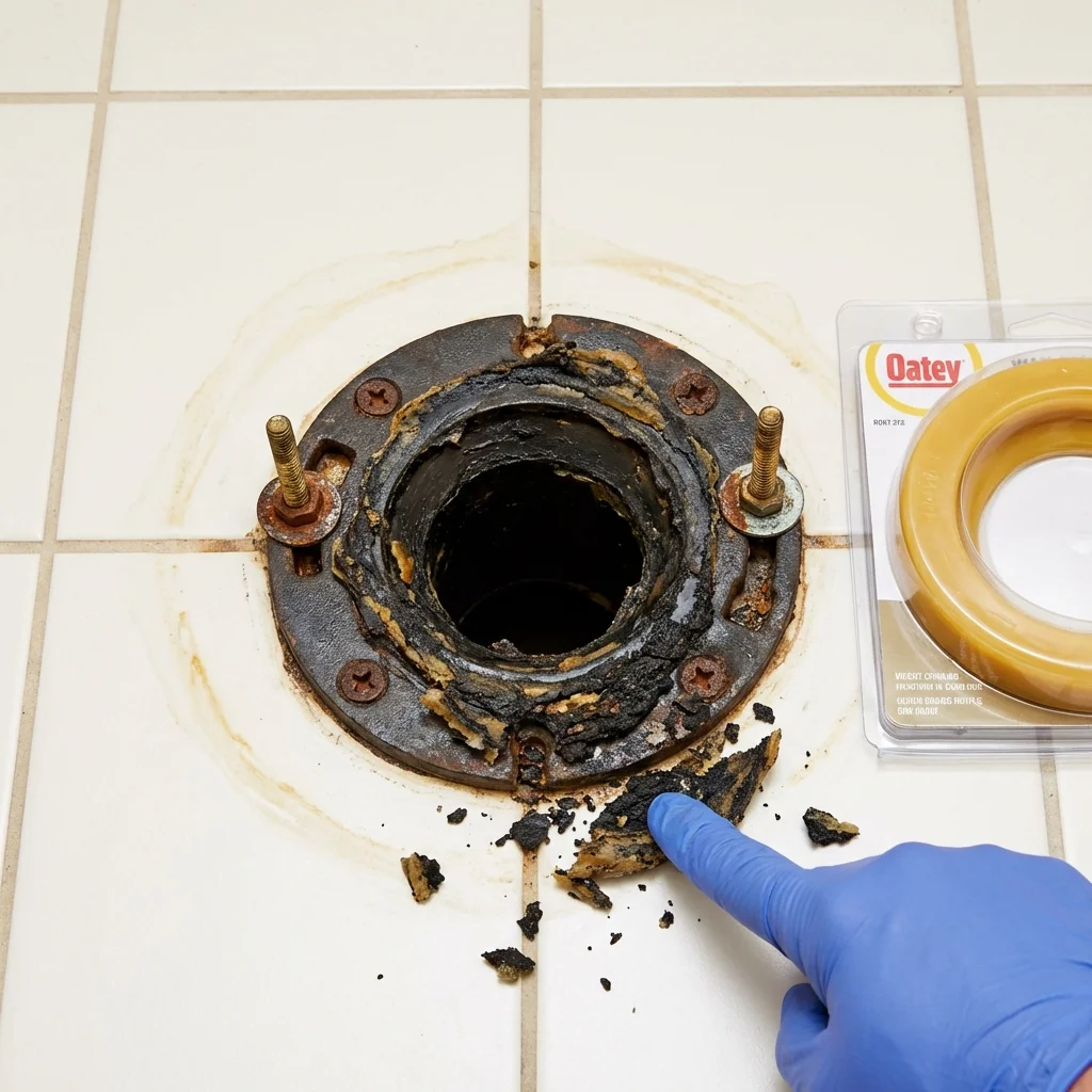 Failed wax ring showing water seepage at the base of a toilet in a Monrovia, IN home
