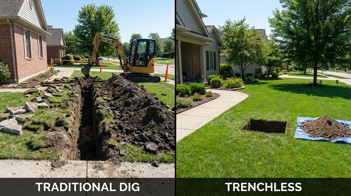 Trenchless sewer repair with minimal yard damage versus traditional excavation in Monrovia, IN