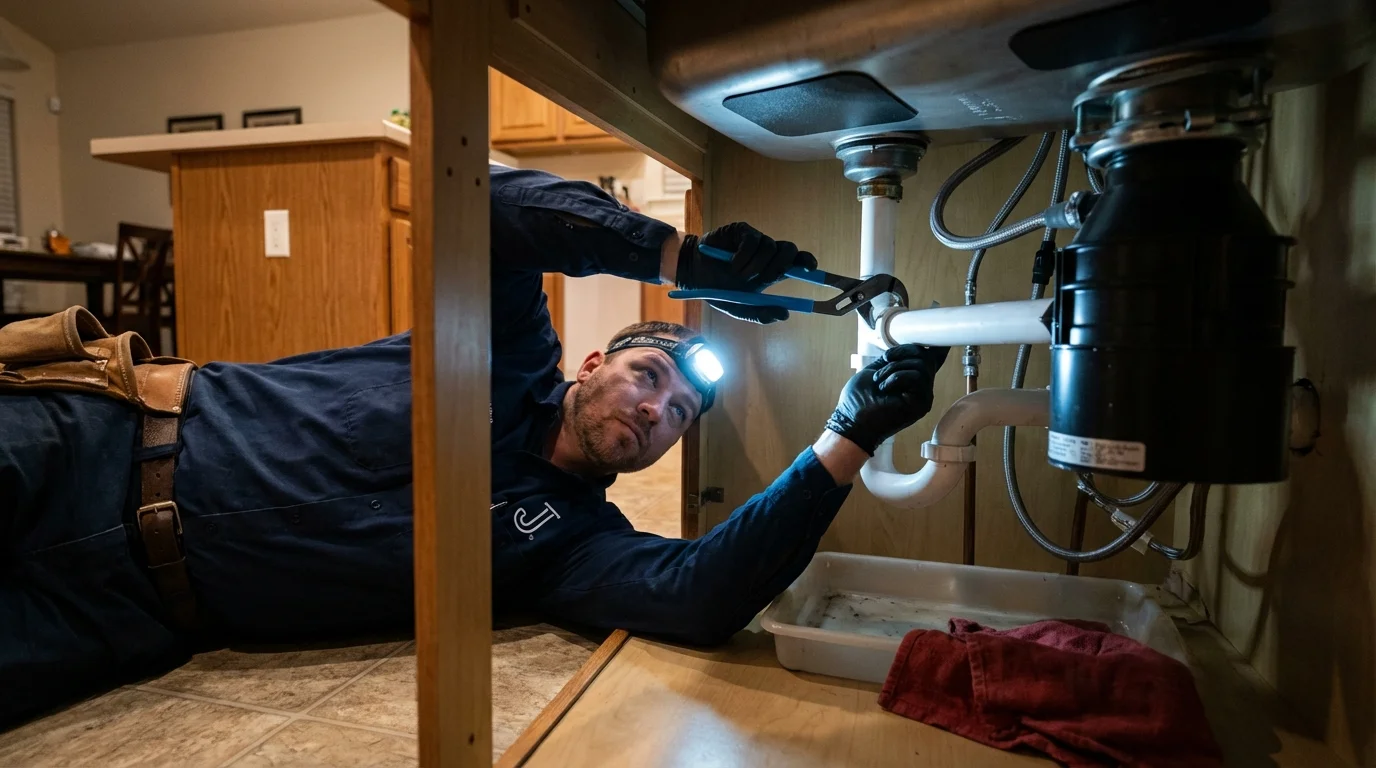 P-trap and supply line connections under a kitchen sink showing a common leak point in Monrovia, IN